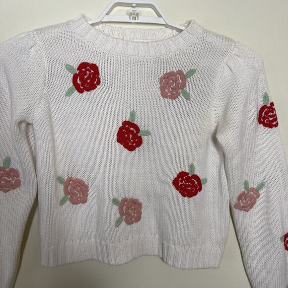 Women's White Pink Rose Embroidered Rose Flowers Cropped Sweater Twee Cottage M - Picture 2 of 8